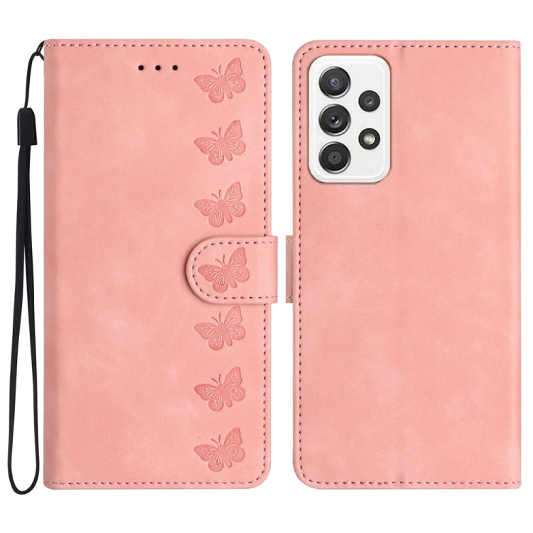 Seven Butterflies Embossed Leather Phone Case, For Samsung Galaxy A22 5G, For Samsung Galaxy A23 5G, For Samsung Galaxy A24 4G, For Samsung Galaxy A32 4G, For Samsung Galaxy A32 5G, For Samsung Galaxy A33 5G, For Samsung Galaxy A34, For Samsung Galaxy A40