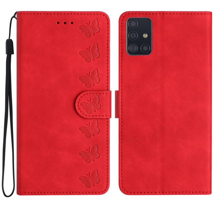 Seven Butterflies Embossed Leather Phone Case, For Samsung Galaxy A41, For Samsung Galaxy A42 5G, For Samsung Galaxy A50, For Samsung Galaxy A51, For Samsung Galaxy A52 5G, For Samsung Galaxy A53, For Samsung Galaxy A54, For Samsung Galaxy A70