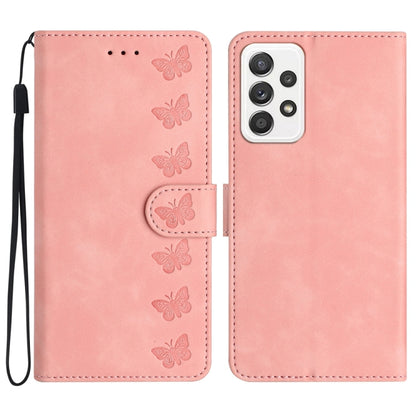 Seven Butterflies Embossed Leather Phone Case, For Samsung Galaxy A71, For Samsung Galaxy A72 5G, For Samsung Galaxy A73 5G, For Samsung Galaxy M23, For Samsung Galaxy M32, For Samsung Galaxy M52 5G, For Samsung Galaxy M53