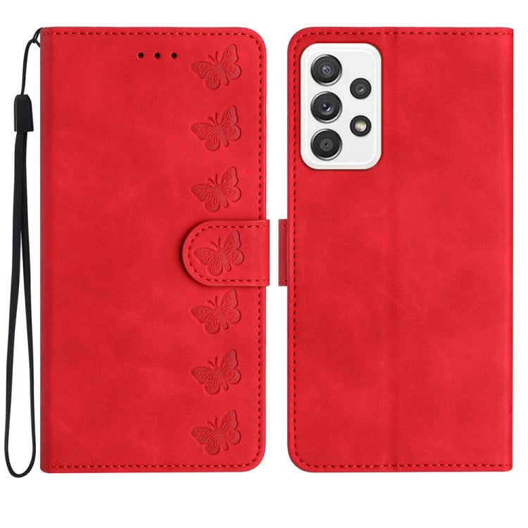 Seven Butterflies Embossed Leather Phone Case, For Samsung Galaxy A71, For Samsung Galaxy A72 5G, For Samsung Galaxy A73 5G, For Samsung Galaxy M23, For Samsung Galaxy M32, For Samsung Galaxy M52 5G, For Samsung Galaxy M53