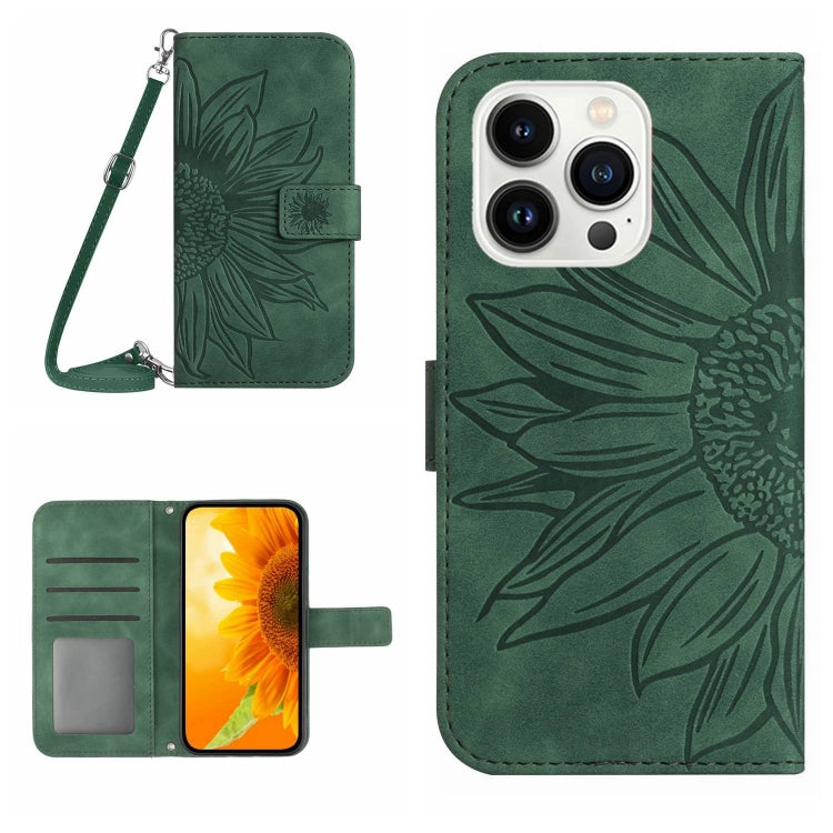 Skin Feel Sun Flower Embossed Flip Leather Phone Case with Lanyard, For iPhone 16, For iPhone 15 Pro Max, For iPhone 15 Pro, For iPhone 15 Plus