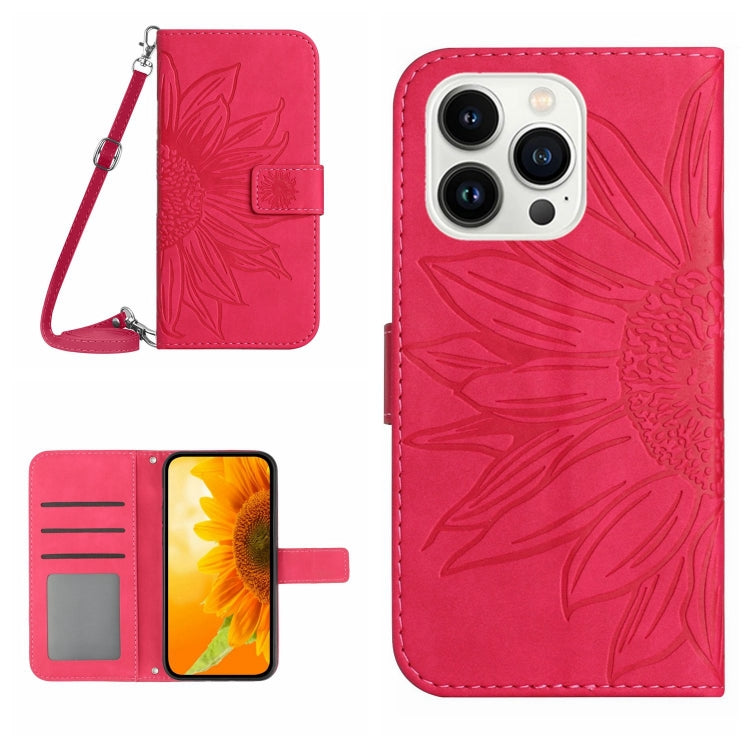 Skin Feel Sun Flower Embossed Flip Leather Phone Case with Lanyard, For iPhone 16, For iPhone 15 Pro Max, For iPhone 15 Pro, For iPhone 15 Plus