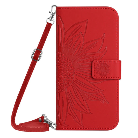 Skin Feel Sun Flower Embossed Flip Leather Phone Case with Lanyard, For iPhone 16, For iPhone 15 Pro Max, For iPhone 15 Pro, For iPhone 15 Plus