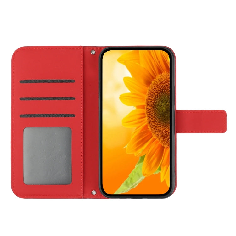 Skin Feel Sun Flower Embossed Flip Leather Phone Case with Lanyard, For iPhone 16, For iPhone 15 Pro Max, For iPhone 15 Pro, For iPhone 15 Plus