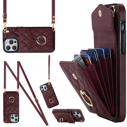 Rhombic Texture Card Bag Phone Case with Long Lanyard, For iPhone 15 Pro, For iPhone 15 Plus, For iPhone 15, For iPhone 14 Plus, For iPhone 14, For iPhone 14 Pro