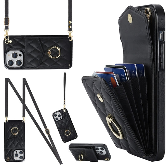 Rhombic Texture Card Bag Phone Case with Long Lanyard, For iPhone 14 Pro Max, For iPhone 13 Pro Max, For iPhone 13 Pro, For iPhone 13, For iPhone 12 / 12 Pro, For iPhone 12 Pro Max