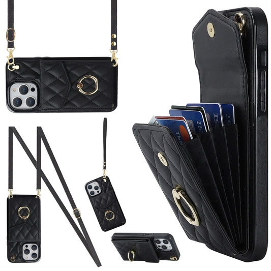 Rhombic Texture Card Bag Phone Case with Long Lanyard, For iPhone 15 Pro, For iPhone 15 Plus, For iPhone 15, For iPhone 14 Plus, For iPhone 14, For iPhone 14 Pro