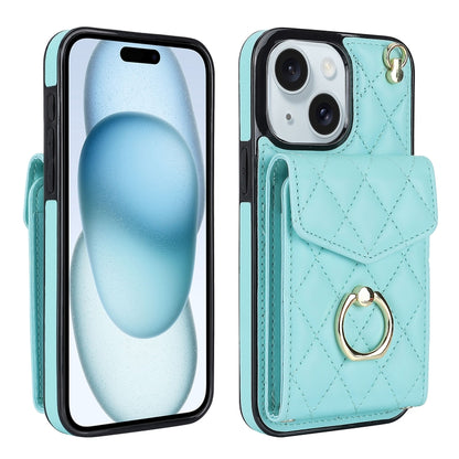 Rhombic Texture Card Bag Phone Case with Long Lanyard, For iPhone 15 Pro, For iPhone 15 Plus, For iPhone 15, For iPhone 14 Plus, For iPhone 14, For iPhone 14 Pro