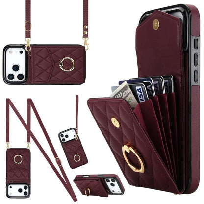 Rhombic Texture Card Bag Phone Case with Long Lanyard, For iPhone 17e / 16e, For iPhone 17 Pro Max, For iPhone 17 Pro, For iPhone 17, For iPhone Air, For iPhone 15 Pro Max