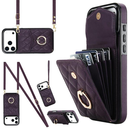 Rhombic Texture Card Bag Phone Case with Long Lanyard, For iPhone 17e / 16e, For iPhone 17 Pro Max, For iPhone 17 Pro, For iPhone 17, For iPhone Air, For iPhone 15 Pro Max