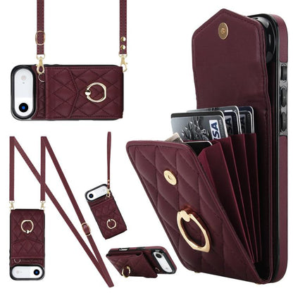 Rhombic Texture Card Bag Phone Case with Long Lanyard, For iPhone 17e / 16e, For iPhone 17 Pro Max, For iPhone 17 Pro, For iPhone 17, For iPhone Air, For iPhone 15 Pro Max