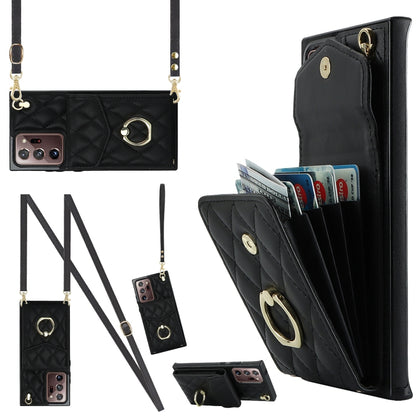 Rhombic Texture Card Bag Phone Case with Long Lanyard, For Samsung Galaxy S24 5G, For Samsung Galaxy A54 5G, For Samsung Galaxy S23 Ultra 5G, For Samsung Galaxy S23+ 5G, For Samsung Galaxy S23 5G, For Samsung Galaxy Note20 Ultra