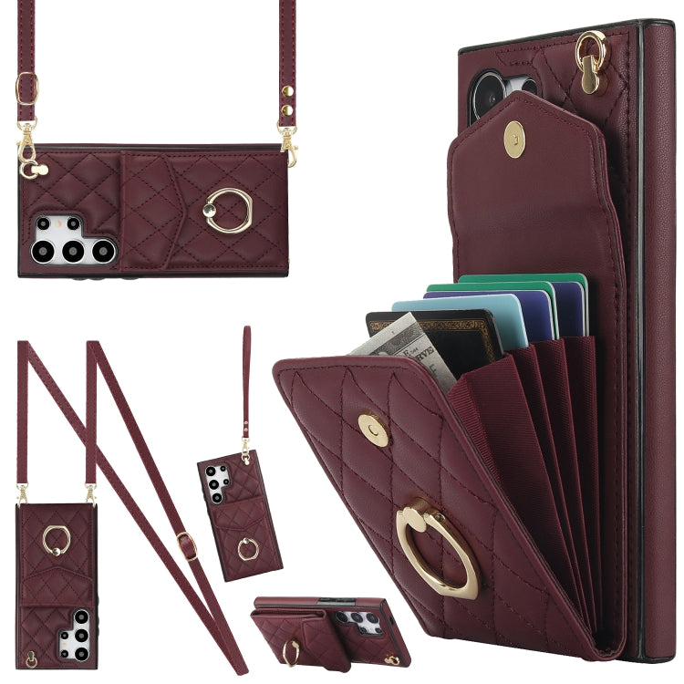 Rhombic Texture Card Bag Phone Case with Long Lanyard, For Samsung Galaxy S26+ 5G, For Samsung Galaxy S26 Ultra 5G, For Samsung Galaxy S26 5G, For Samsung Galaxy S25 Edge 5G, For Samsung Galaxy S24 Ultra 5G, For Samsung Galaxy S24+ 5G