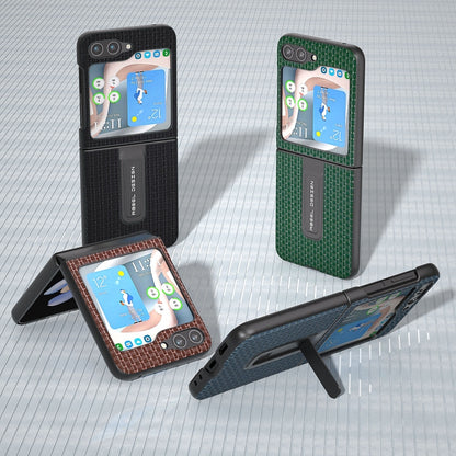 Genuine Leather Luxury Series Phone Case with Holder, For Samsung Galaxy Z Flip5, For Samsung Galaxy Z Flip4