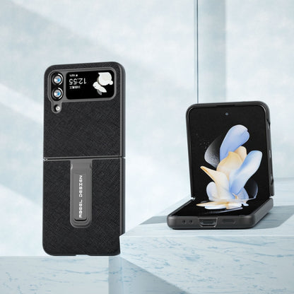 Cross Texture Genuine Leather Phone Case with Holder, For Samsung Galaxy Z Flip4, For Samsung Galaxy Z Flip3 5G