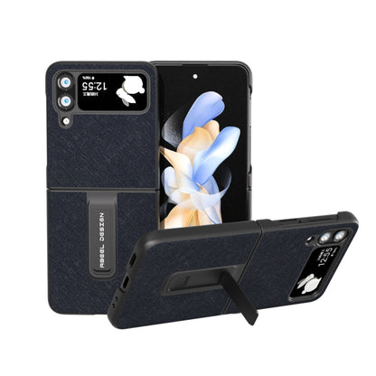 Cross Texture Genuine Leather Phone Case with Holder, For Samsung Galaxy Z Flip4, For Samsung Galaxy Z Flip3 5G