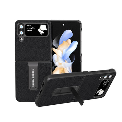 Cross Texture Genuine Leather Phone Case with Holder, For Samsung Galaxy Z Flip4, For Samsung Galaxy Z Flip3 5G