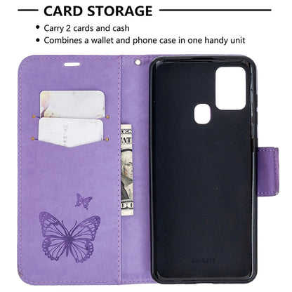 Embossing Two Butterflies Pattern Horizontal Flip PU Leather Case with Holder & Card Slot & Wallet & Lanyard, For Samsung Galaxy A21s