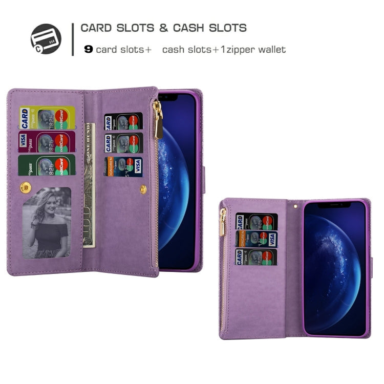 Multi-card Slots Starry Sky Laser Carving Glitter Zipper Horizontal Flip Leather Case with Holder & Wallet & Lanyard, For iPhone 11 Pro Max, For iPhone 11 Pro, For iPhone 11, For iPhone XS Max, For iPhone XR, For iPhone X / XS, For iPhone 8 Plus / 7 Pl...
