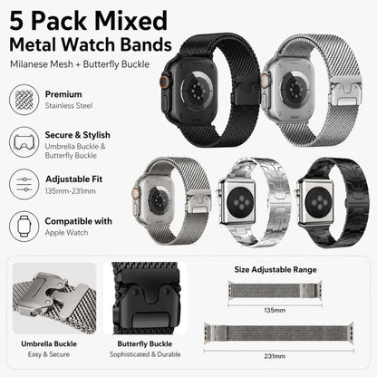 5 Pack xDfind Umbrella Buckle Milanese + Butterfly Buckle Mixed Watch Band, For Apple Watch 42 / 44 / 45 / 46 / 49mm, For Apple Watch 38 / 40 / 41 / S11 42mm