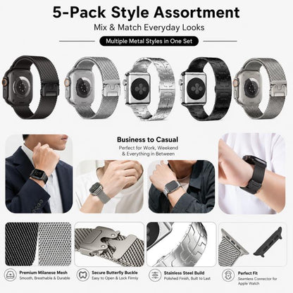 5 Pack xDfind Umbrella Buckle Milanese + Butterfly Buckle Mixed Watch Band, For Apple Watch 42 / 44 / 45 / 46 / 49mm, For Apple Watch 38 / 40 / 41 / S11 42mm