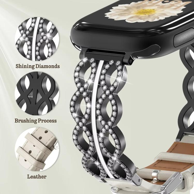xDfind Diamond Stainless Steel Hybrid Genuine Leather Watch Band, For Apple Watch 42 / 44 / 45 / 46 / 49mm, For Apple Watch 38 / 40 / 41 / S11 42mm
