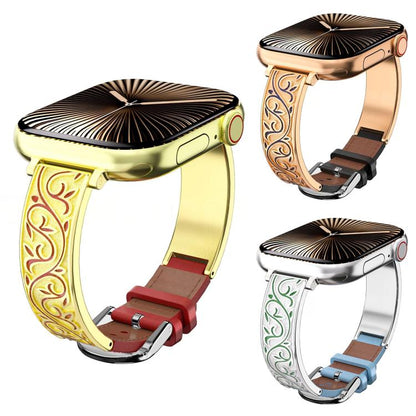 xDfind Retro Floral Carving Stainless Steel Hybrid Genuine Leather Watch Band, For Apple Watch 42 / 44 / 45 / 46 / 49mm, For Apple Watch 38 / 40 / 41 / S11 42mm