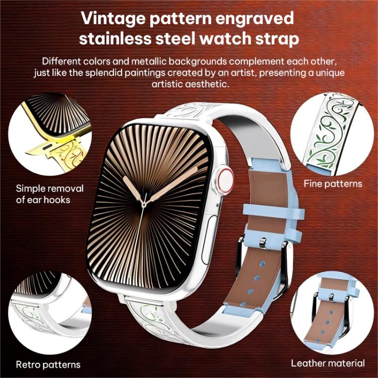 xDfind Retro Floral Carving Stainless Steel Hybrid Genuine Leather Watch Band, For Apple Watch 42 / 44 / 45 / 46 / 49mm, For Apple Watch 38 / 40 / 41 / S11 42mm
