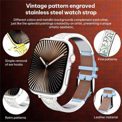 xDfind Retro Floral Carving Stainless Steel Hybrid Genuine Leather Watch Band, For Apple Watch 42 / 44 / 45 / 46 / 49mm, For Apple Watch 38 / 40 / 41 / S11 42mm