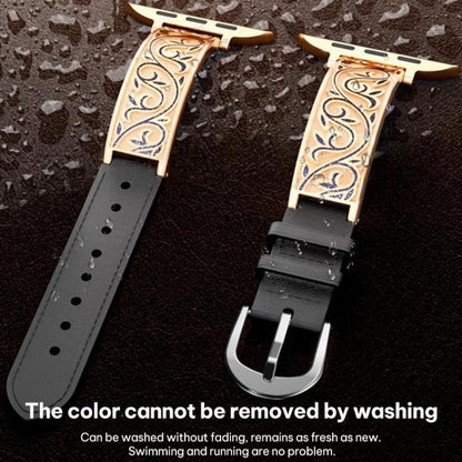 xDfind Retro Floral Carving Stainless Steel Hybrid Genuine Leather Watch Band, For Apple Watch 42 / 44 / 45 / 46 / 49mm, For Apple Watch 38 / 40 / 41 / S11 42mm