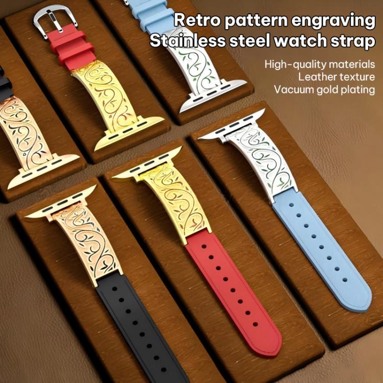 xDfind Retro Floral Carving Stainless Steel Hybrid Genuine Leather Watch Band, For Apple Watch 42 / 44 / 45 / 46 / 49mm, For Apple Watch 38 / 40 / 41 / S11 42mm