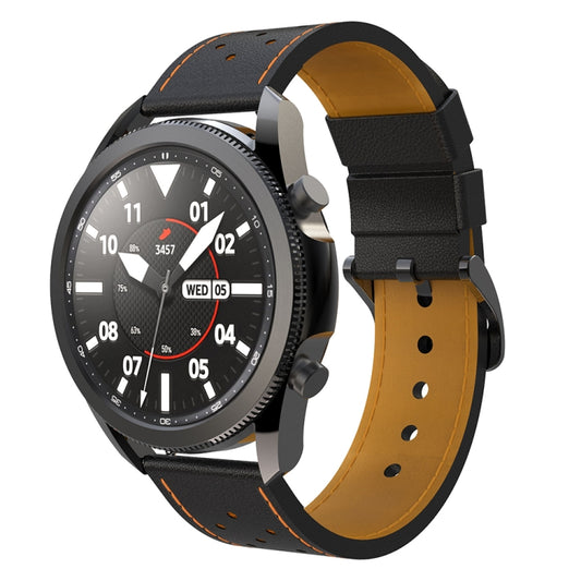 For Samsung Galaxy Watch 3 45mm Round Hole Line Genuine Leather Replacement Strap Watchband