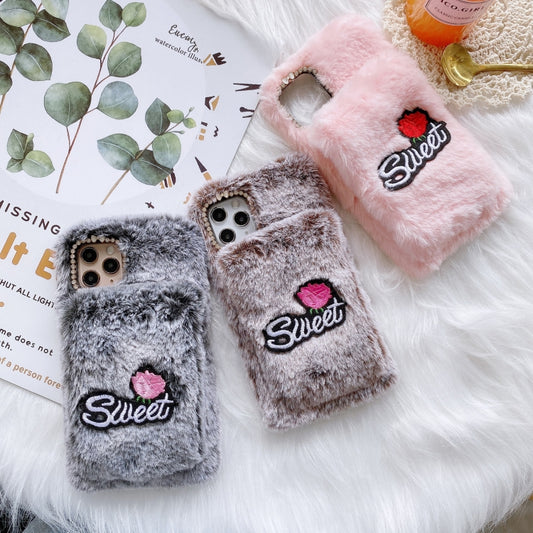 Rose Flower Hand Warmer Plush Shockproof TPU Case, For iPhone 12 / 12 Pro