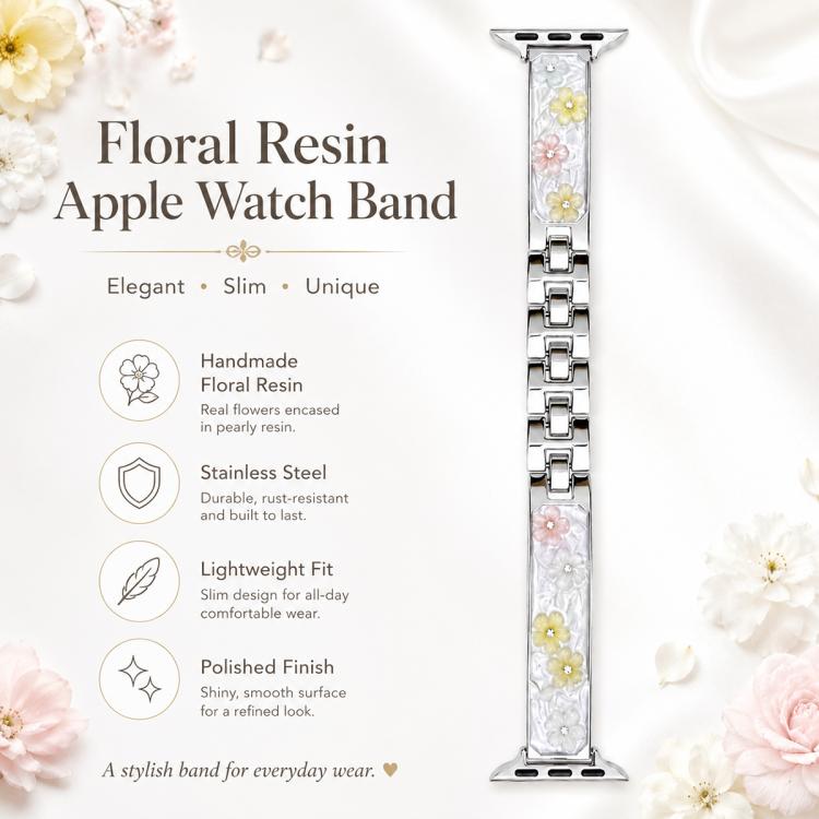 xDfind Floral Epoxy Metal Bracelet Strap Watch Band, For Apple Watch 42 / 44 / 45 / 46 / 49mm, For Apple Watch 38 / 40 / 41 / S11 42mm