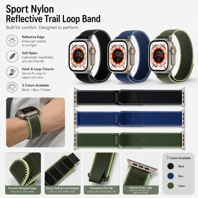 xDfind Adjustable Hook And Loop Fastener Reflective Nylon Loop Watch Band, For Apple Watch 42 / 44 / 45 / 46 / 49mm, For Apple Watch 38 / 40 / 41 / S11 42mm