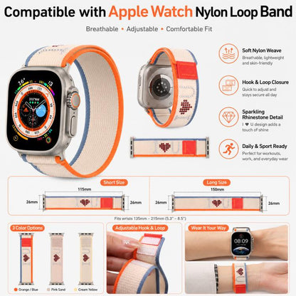 xDfind Rhinestone Hook And Loop Fastener Nylon Loop Watch Band, For Apple Watch 42 / 44 / 45 / 46 / 49mm, For Apple Watch 38 / 40 / 41 / S11 42mm