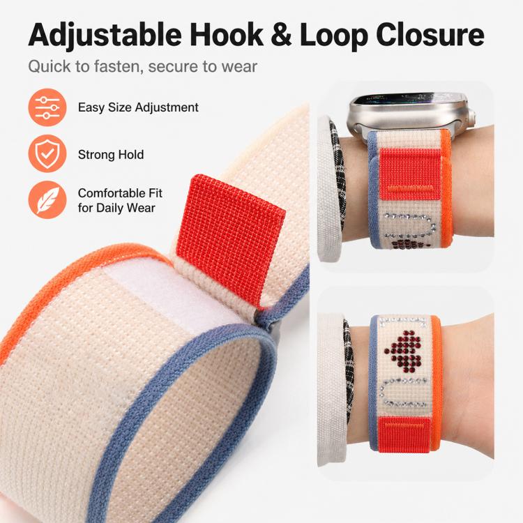 xDfind Rhinestone Hook And Loop Fastener Nylon Loop Watch Band, For Apple Watch 42 / 44 / 45 / 46 / 49mm, For Apple Watch 38 / 40 / 41 / S11 42mm