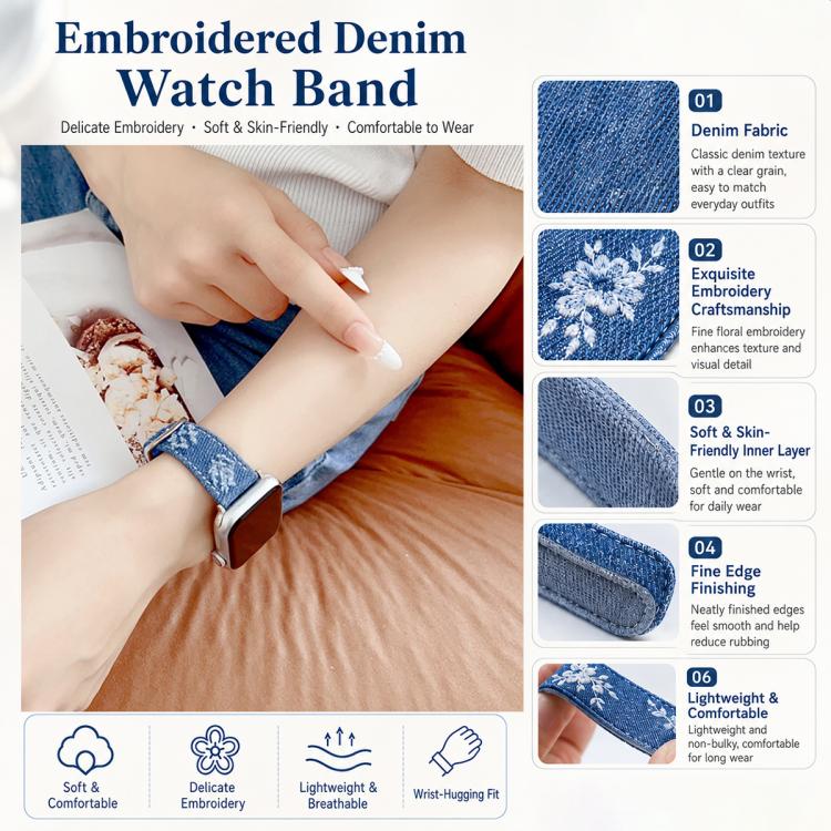 Denim Canvas Pin Buckle Watch Band, For Apple Watch 46mm / 49mm / 45mm / 44mm, For Apple Watch 42mm / 41mm / 40mm / 38mm