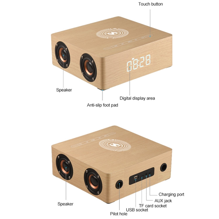 Q5A Multifunctional Wooden Touch Clock Display Wireless Charging Bluetooth Speaker, Support TF Card & U Disk & 3.5mm AUX, Q5A