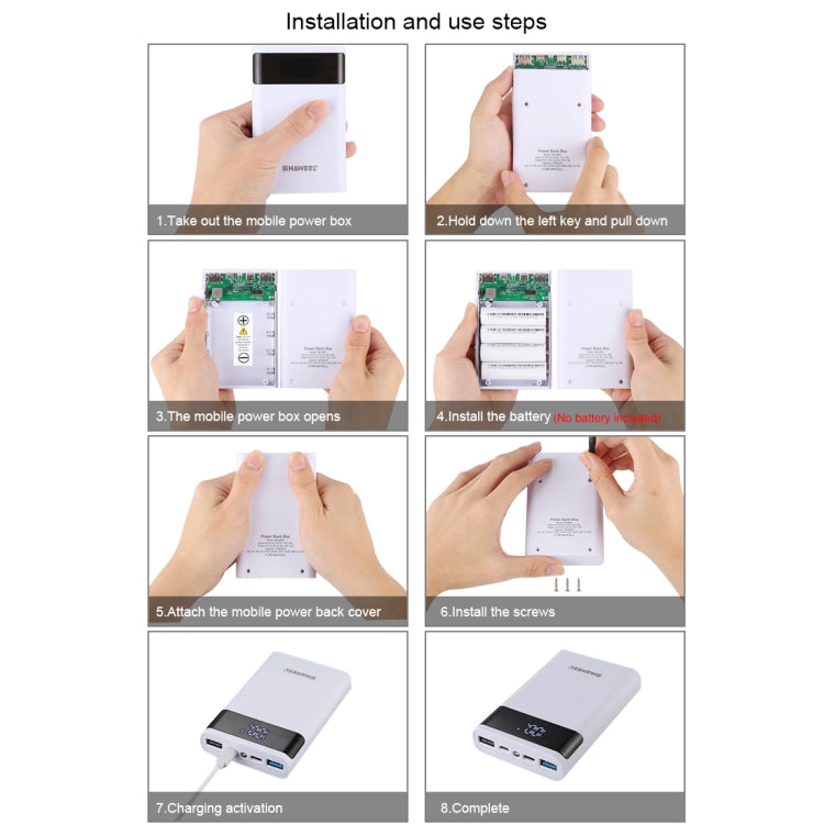 HAWEEL DIY 4x 18650 Battery (Not Included) 12000mAh Dual-way QC Charger Power Bank Shell Box with 2x USB Output & Display,  Support QC 2.0 / QC 3.0 / FCP / SFCP /  AFC / MTK / BC 1.2 / PD, DIY 4x 18650 Batteries 12000mAh