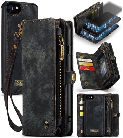 CaseMe for  iPhone 8 & 7  Multifunctional Leather Billfold with Detachable Magnetic PC Back Protective Case & Holder & 10 Card Slots & 3 Cash Slots & 1 Zipper Wallet & 2 Photo Frames & 3 Magnetic Clasps, For 8 & 7, For iPhone 8 & 7