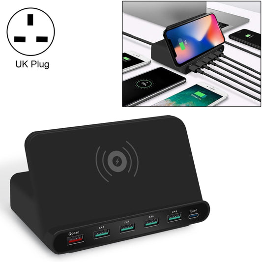 828W 7 in 1 60W QC 3.0 USB Interface + 4 USB Ports + USB-C / Type-C Interface + Wireless Charging Multi-function Charger with Mobile Phone Holder Function, UK Plug, UK Plug Black, UK Plug White
