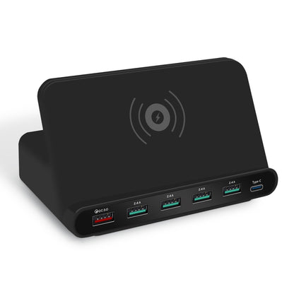 828W 7 in 1 60W QC 3.0 USB Interface + 4 USB Ports + USB-C / Type-C Interface + Wireless Charging Multi-function Charger with Mobile Phone Holder Function, US Plug, US Plug Black, US Plug White