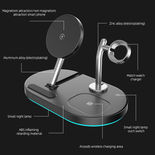 S20 4 in 1 15W Multifunctional Magnetic Wireless Charger with Night Light & Holder for Mobile Phones / AirPods, S20 Black, S20 White