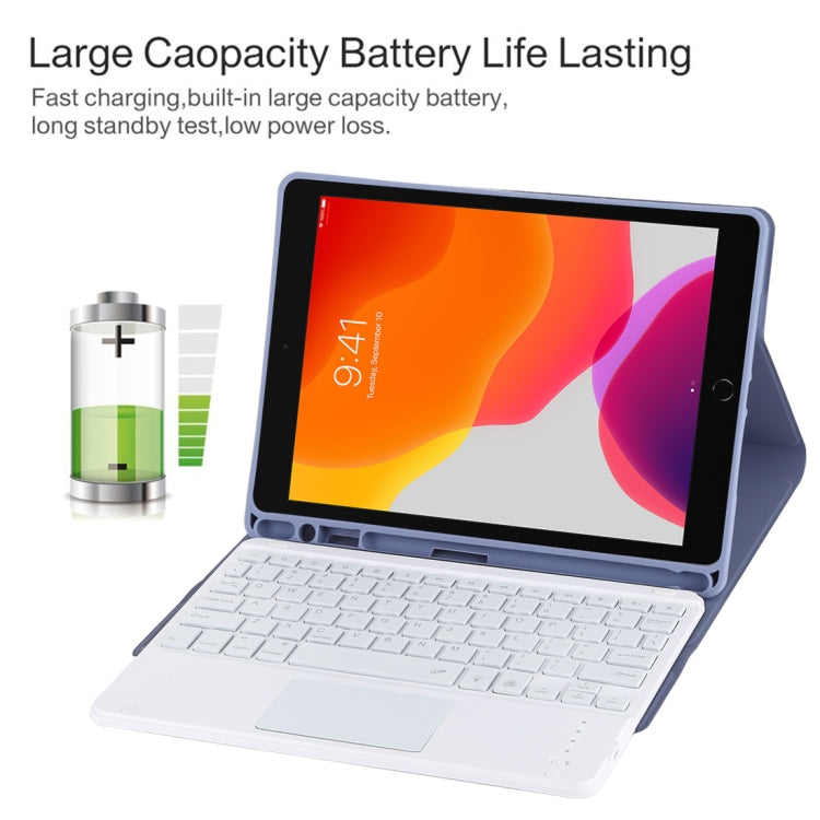 TG-102BCS Detachable Bluetooth White Keyboard + Microfiber Leather Tablet Case for iPad 10.2 inch / iPad Air (2019), with Touch Pad & Backlight & Pen Slot & Holder, White Keyboard