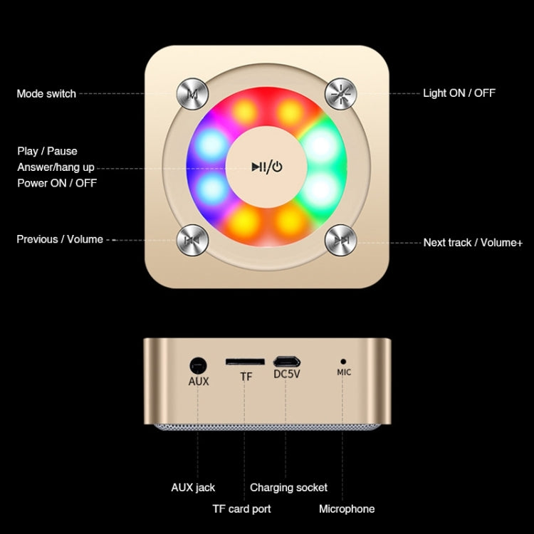 A9 Portable Bluetooth Stereo Speaker with Built-in MIC & Light, Support Hands-free Calls & TF Card & AUX IN, Bluetooth Distance: 10m, with Light(Gold), with Light(Black), with Light(Rose Gold)