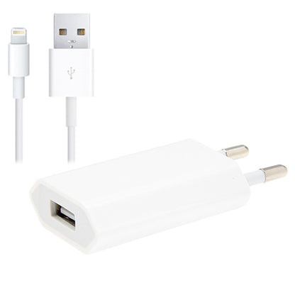 2 in 1 5V 1A EU Plug Travel Charger Adapter with 1m 8-pin Cable For iPhone