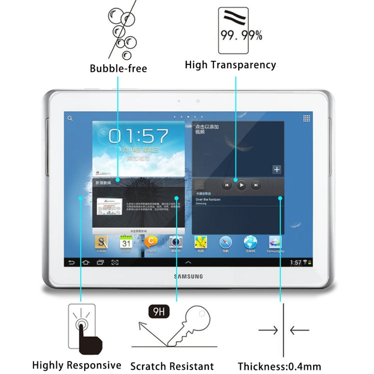 0.4mm 9H+ Surface Hardness 2.5D Tempered Glass Film for Galaxy Note 10.1 / N8000, For N8000