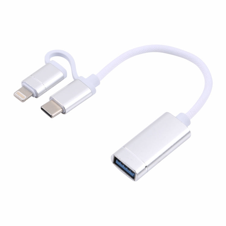 USB 3.0 Female to 8 Pin + USB-C / Type-C Male Charging + Transmission OTG Nylon Braided Adapter Cable, Cable Length: 11cm, 8 Pin Black, 8 Pin Silver + White, 8 Pin Silver, 8 Pin Red, 8 Pin Blue