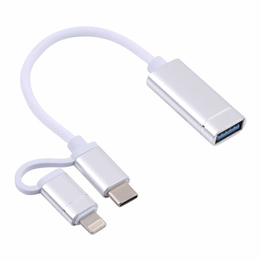 USB 3.0 Female to 8 Pin + USB-C / Type-C Male Charging + Transmission OTG Nylon Braided Adapter Cable, Cable Length: 11cm, 8 Pin Silver + White, 8 Pin Black, 8 Pin Red, 8 Pin Blue